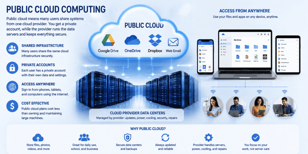 Public cloud computing means many users share systems from one cloud provider. Common examples include Google Drive, Microsoft OneDrive, Dropbox, and web email. Each user has a private account, but the provider manages the data servers. Because of internet technology, people can sign in from phones, tablets, and computers. Online storage in a public cloud works well for daily files, school work, photos, and simple backups. Also, public cloud plans often cost less than owning large machines. The provider handles updates, power, cooling, and repairs. So, users can focus on their work instead of server care.
