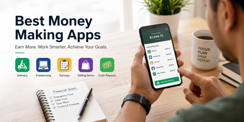 Person checking apps that pay $100 a day on a smartphone, including delivery, freelancing, surveys, selling items, and cash payout opportunities.