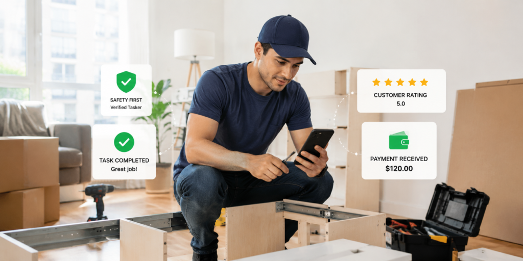 Professional gig worker using a smartphone while assembling furniture in a modern apartment, demonstrating how apps that pay $100 a day can generate income through completed tasks, customer ratings, and secure payments.