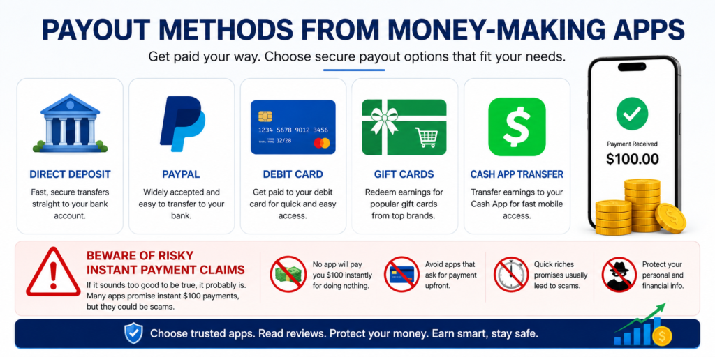 Apps That Pay $100 a Day infographic showing common payment methods from earning apps, including PayPal, direct deposit, debit cards, gift cards, and Cash App transfers, along with scam prevention warnings.