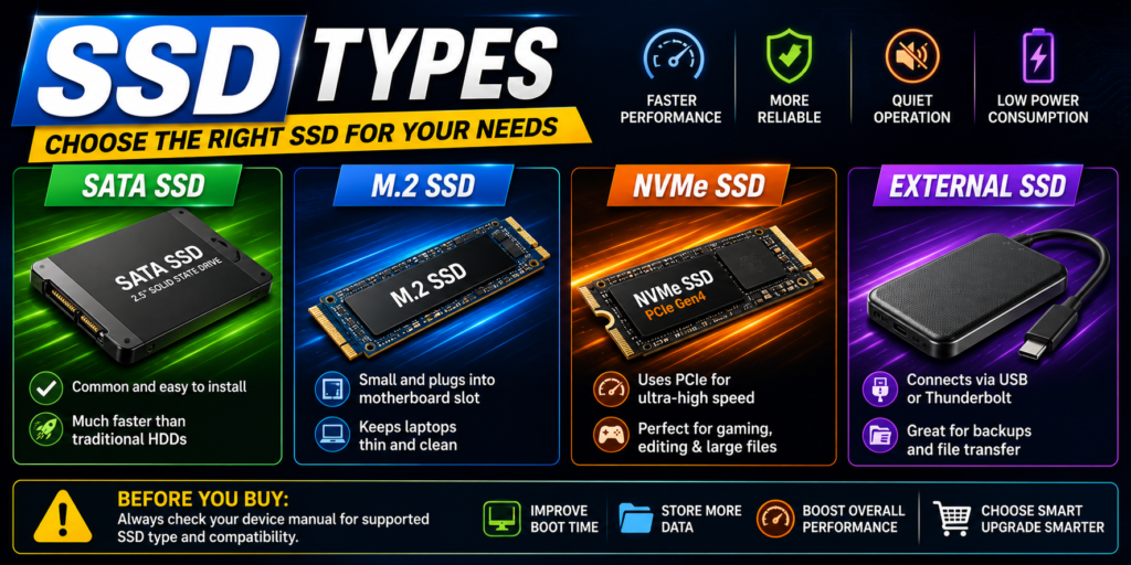 There are several SSD types, and each one fits a different need. A solid state drive may use SATA, NVMe, M.2, or PCIe connections. In computer storage, the connection type affects speed and support. SATA drives look like small boxes and work well in many older desktops and laptops. M.2 drives look like small sticks and fit on the motherboard. NVMe models use PCIe lanes, so they can work much faster than SATA. A fast storage device with NVMe is great for large files, games, and heavy work. Before buying, always check your device manual.
SATA SSD: This type is common and easy to install. It is much faster than most old hard drives.
M.2 SSD: This type is small and plugs into a slot on the motherboard. It helps keep laptops thin and clean.
NVMe SSD: This type uses PCIe for higher speed. It suits gaming, editing, and large file work.
External SSD: This type connects with USB or Thunderbolt. It works well for backups and moving files.